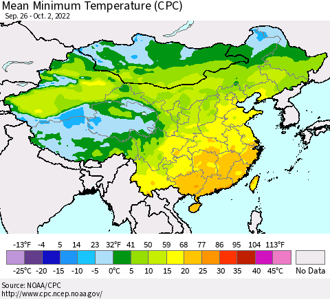 China, Mongolia and Taiwan Mean Minimum Temperature (CPC) Thematic Map For 9/26/2022 - 10/2/2022