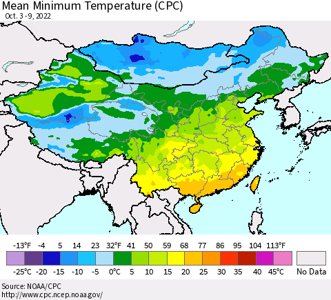 China, Mongolia and Taiwan Mean Minimum Temperature (CPC) Thematic Map For 10/3/2022 - 10/9/2022