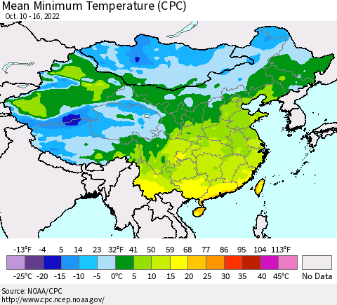 China, Mongolia and Taiwan Mean Minimum Temperature (CPC) Thematic Map For 10/10/2022 - 10/16/2022