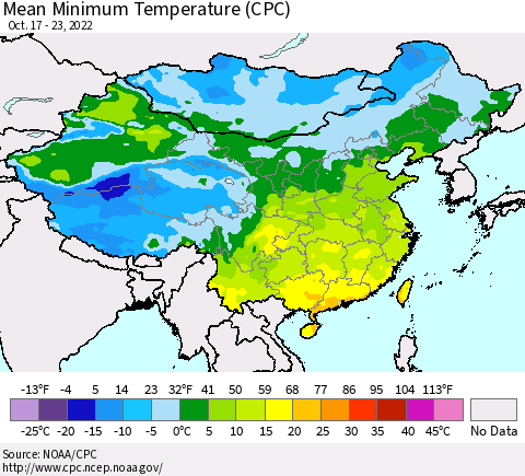 China, Mongolia and Taiwan Mean Minimum Temperature (CPC) Thematic Map For 10/17/2022 - 10/23/2022