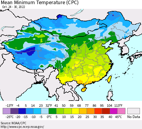 China, Mongolia and Taiwan Mean Minimum Temperature (CPC) Thematic Map For 10/24/2022 - 10/30/2022