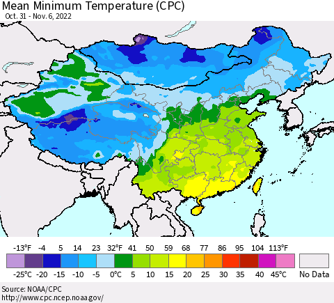 China, Mongolia and Taiwan Mean Minimum Temperature (CPC) Thematic Map For 10/31/2022 - 11/6/2022