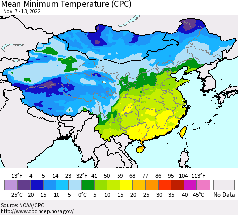 China, Mongolia and Taiwan Mean Minimum Temperature (CPC) Thematic Map For 11/7/2022 - 11/13/2022