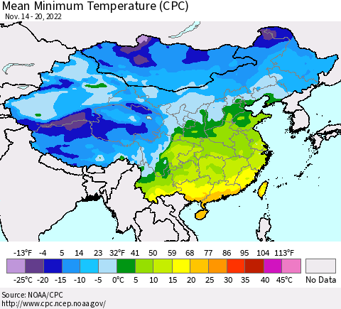 China, Mongolia and Taiwan Mean Minimum Temperature (CPC) Thematic Map For 11/14/2022 - 11/20/2022