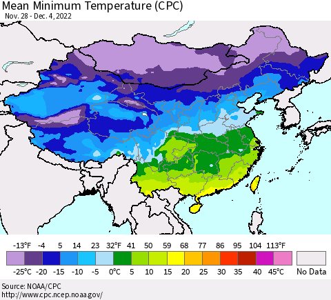 China, Mongolia and Taiwan Mean Minimum Temperature (CPC) Thematic Map For 11/28/2022 - 12/4/2022