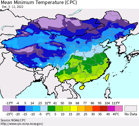 China, Mongolia and Taiwan Mean Minimum Temperature (CPC) Thematic Map For 12/5/2022 - 12/11/2022