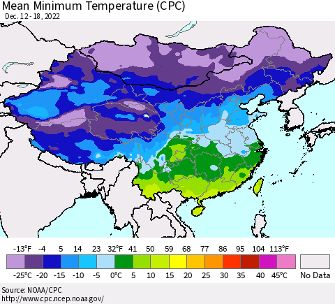 China, Mongolia and Taiwan Mean Minimum Temperature (CPC) Thematic Map For 12/12/2022 - 12/18/2022