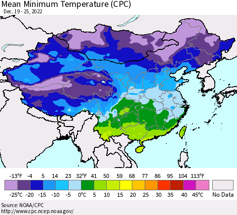 China, Mongolia and Taiwan Mean Minimum Temperature (CPC) Thematic Map For 12/19/2022 - 12/25/2022