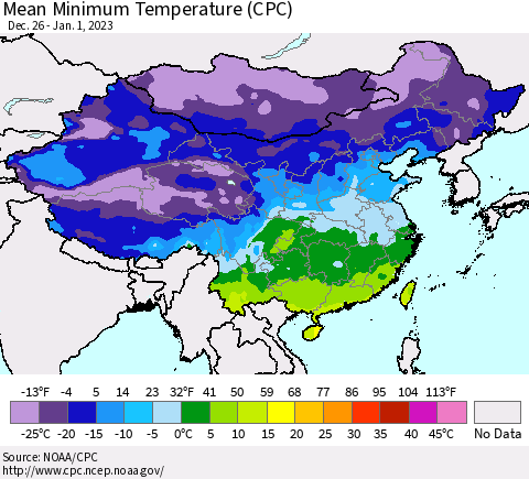 China, Mongolia and Taiwan Mean Minimum Temperature (CPC) Thematic Map For 12/26/2022 - 1/1/2023