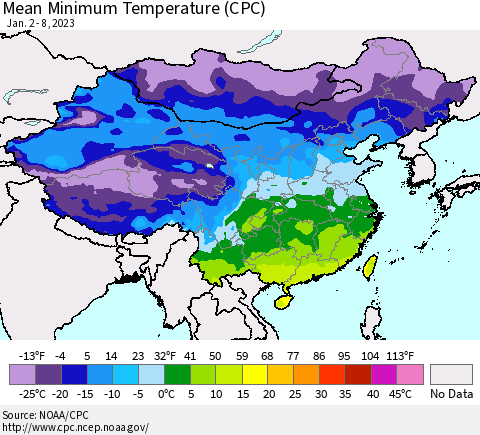 China, Mongolia and Taiwan Mean Minimum Temperature (CPC) Thematic Map For 1/2/2023 - 1/8/2023
