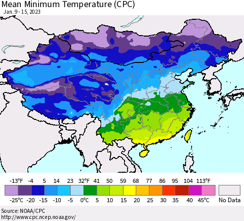 China, Mongolia and Taiwan Mean Minimum Temperature (CPC) Thematic Map For 1/9/2023 - 1/15/2023