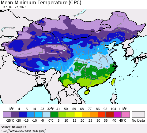China, Mongolia and Taiwan Mean Minimum Temperature (CPC) Thematic Map For 1/16/2023 - 1/22/2023