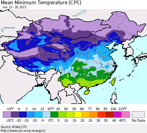 China, Mongolia and Taiwan Mean Minimum Temperature (CPC) Thematic Map For 1/23/2023 - 1/29/2023