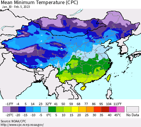 China, Mongolia and Taiwan Mean Minimum Temperature (CPC) Thematic Map For 1/30/2023 - 2/5/2023