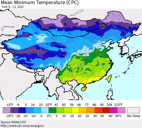 China, Mongolia and Taiwan Mean Minimum Temperature (CPC) Thematic Map For 2/6/2023 - 2/12/2023