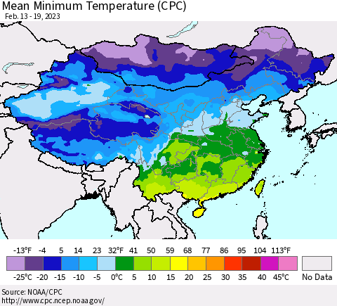 China, Mongolia and Taiwan Mean Minimum Temperature (CPC) Thematic Map For 2/13/2023 - 2/19/2023