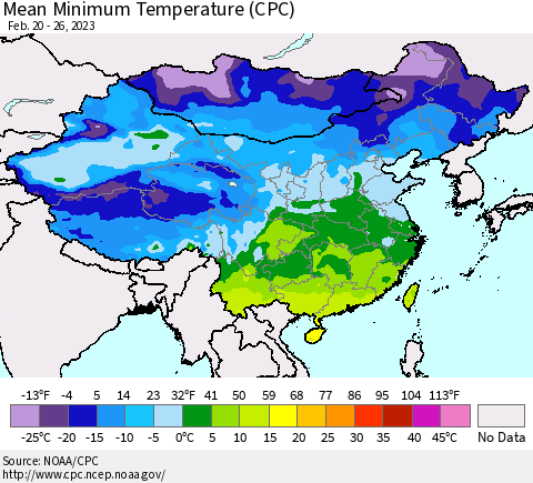 China, Mongolia and Taiwan Mean Minimum Temperature (CPC) Thematic Map For 2/20/2023 - 2/26/2023