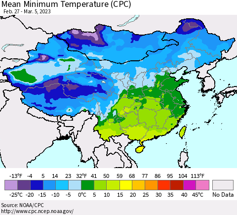 China, Mongolia and Taiwan Mean Minimum Temperature (CPC) Thematic Map For 2/27/2023 - 3/5/2023