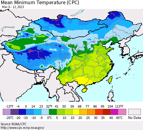 China, Mongolia and Taiwan Mean Minimum Temperature (CPC) Thematic Map For 3/6/2023 - 3/12/2023