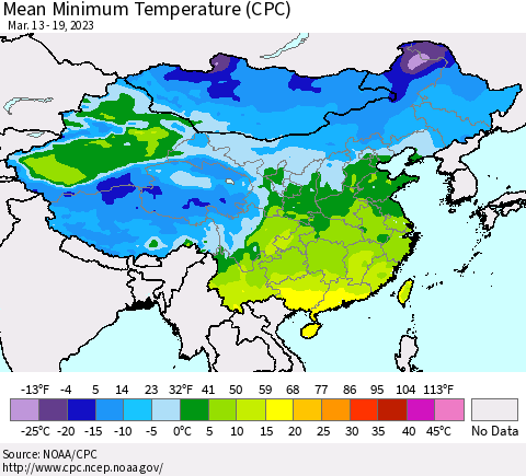 China, Mongolia and Taiwan Mean Minimum Temperature (CPC) Thematic Map For 3/13/2023 - 3/19/2023