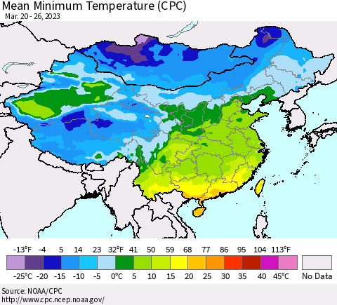 China, Mongolia and Taiwan Mean Minimum Temperature (CPC) Thematic Map For 3/20/2023 - 3/26/2023