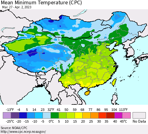 China, Mongolia and Taiwan Mean Minimum Temperature (CPC) Thematic Map For 3/27/2023 - 4/2/2023