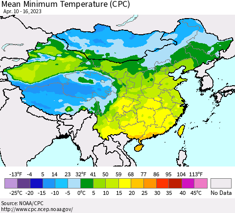 China, Mongolia and Taiwan Mean Minimum Temperature (CPC) Thematic Map For 4/10/2023 - 4/16/2023