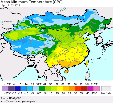 China, Mongolia and Taiwan Mean Minimum Temperature (CPC) Thematic Map For 4/17/2023 - 4/23/2023