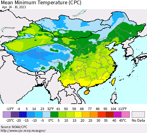 China, Mongolia and Taiwan Mean Minimum Temperature (CPC) Thematic Map For 4/24/2023 - 4/30/2023