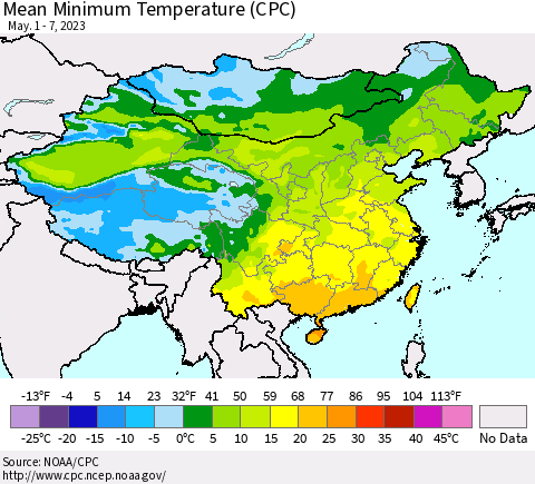 China, Mongolia and Taiwan Mean Minimum Temperature (CPC) Thematic Map For 5/1/2023 - 5/7/2023