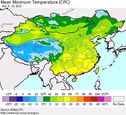 China, Mongolia and Taiwan Mean Minimum Temperature (CPC) Thematic Map For 5/8/2023 - 5/14/2023
