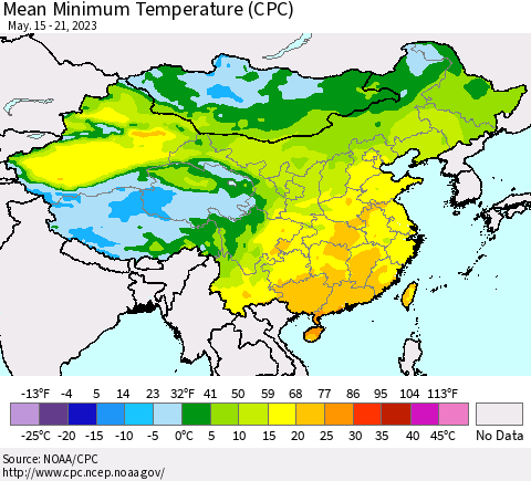 China, Mongolia and Taiwan Mean Minimum Temperature (CPC) Thematic Map For 5/15/2023 - 5/21/2023