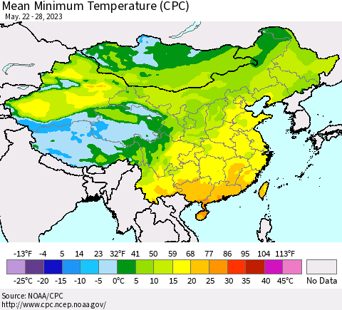 China, Mongolia and Taiwan Mean Minimum Temperature (CPC) Thematic Map For 5/22/2023 - 5/28/2023