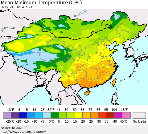 China, Mongolia and Taiwan Mean Minimum Temperature (CPC) Thematic Map For 5/29/2023 - 6/4/2023