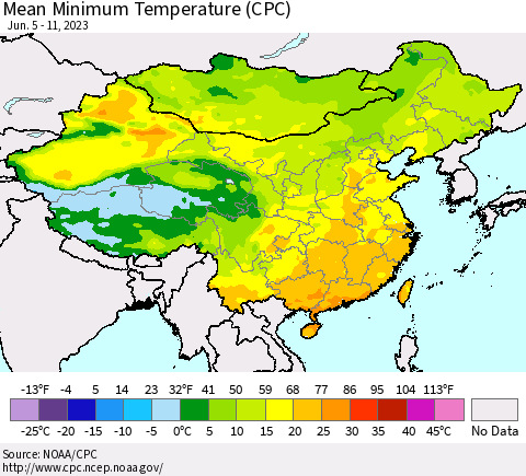 China, Mongolia and Taiwan Mean Minimum Temperature (CPC) Thematic Map For 6/5/2023 - 6/11/2023
