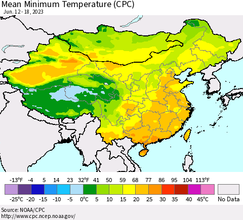 China, Mongolia and Taiwan Mean Minimum Temperature (CPC) Thematic Map For 6/12/2023 - 6/18/2023