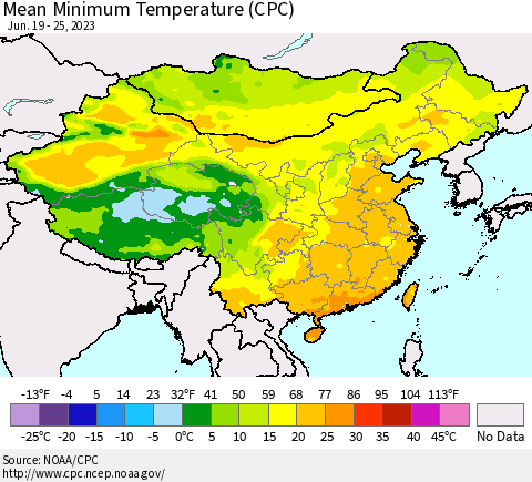 China, Mongolia and Taiwan Mean Minimum Temperature (CPC) Thematic Map For 6/19/2023 - 6/25/2023
