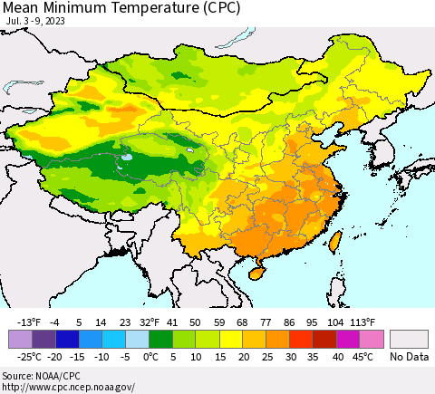 China, Mongolia and Taiwan Mean Minimum Temperature (CPC) Thematic Map For 7/3/2023 - 7/9/2023