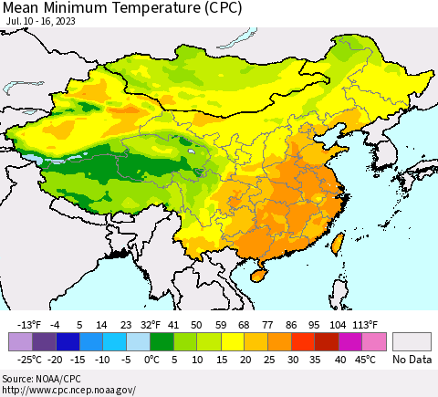 China, Mongolia and Taiwan Mean Minimum Temperature (CPC) Thematic Map For 7/10/2023 - 7/16/2023