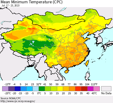 China, Mongolia and Taiwan Mean Minimum Temperature (CPC) Thematic Map For 7/17/2023 - 7/23/2023
