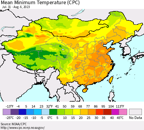 China, Mongolia and Taiwan Mean Minimum Temperature (CPC) Thematic Map For 7/31/2023 - 8/6/2023