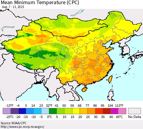 China, Mongolia and Taiwan Mean Minimum Temperature (CPC) Thematic Map For 8/7/2023 - 8/13/2023