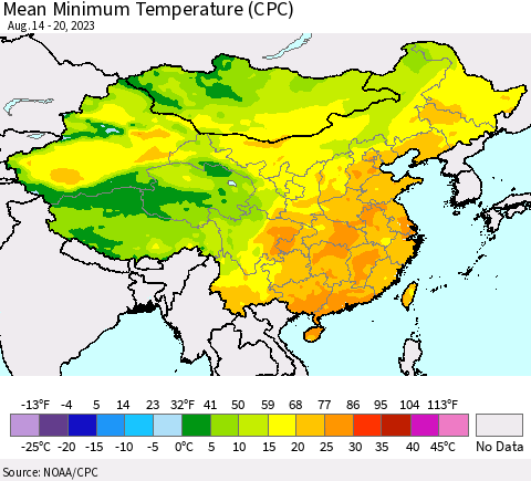 China, Mongolia and Taiwan Mean Minimum Temperature (CPC) Thematic Map For 8/14/2023 - 8/20/2023