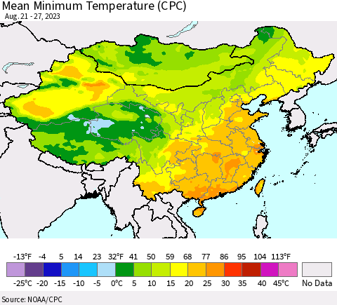 China, Mongolia and Taiwan Mean Minimum Temperature (CPC) Thematic Map For 8/21/2023 - 8/27/2023