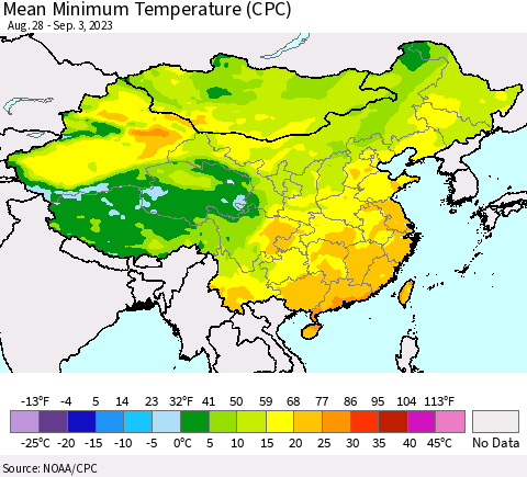 China, Mongolia and Taiwan Mean Minimum Temperature (CPC) Thematic Map For 8/28/2023 - 9/3/2023