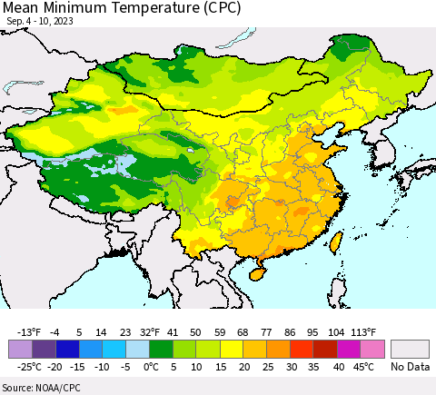 China, Mongolia and Taiwan Mean Minimum Temperature (CPC) Thematic Map For 9/4/2023 - 9/10/2023