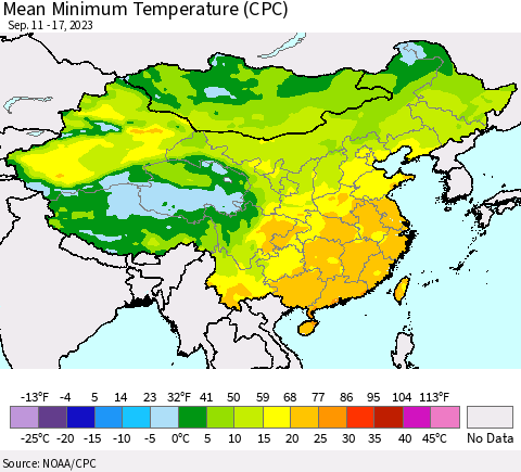 China, Mongolia and Taiwan Mean Minimum Temperature (CPC) Thematic Map For 9/11/2023 - 9/17/2023