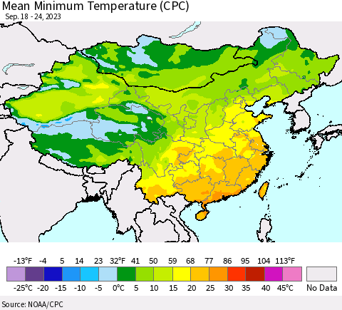 China, Mongolia and Taiwan Mean Minimum Temperature (CPC) Thematic Map For 9/18/2023 - 9/24/2023