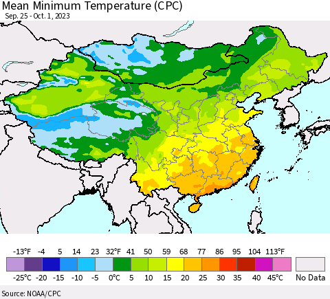 China, Mongolia and Taiwan Mean Minimum Temperature (CPC) Thematic Map For 9/25/2023 - 10/1/2023