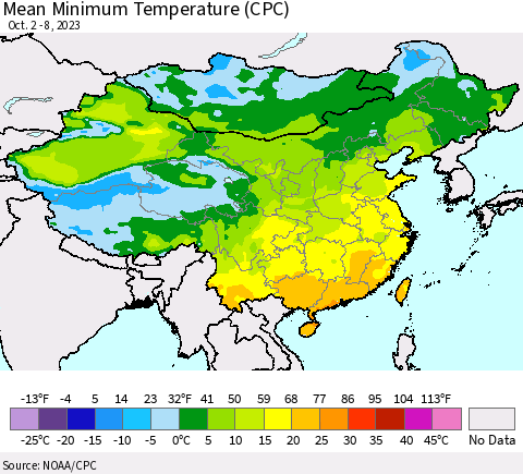 China, Mongolia and Taiwan Mean Minimum Temperature (CPC) Thematic Map For 10/2/2023 - 10/8/2023